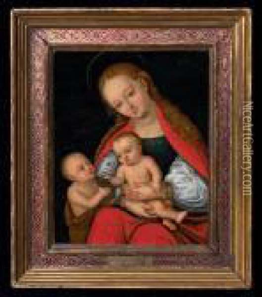 Lucas Cranach, Copy From: 
Madonna And The Baby. Signed Monogram. Oil On Plate. 23 X 18 Cm Oil Painting - Lucas The Elder Cranach