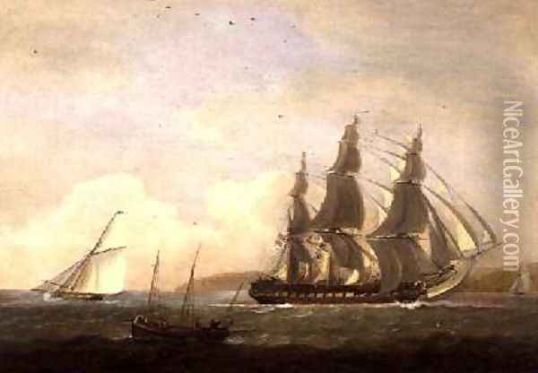 A frigate running under full sail with a cutter and a lugger off the West Country Oil Painting - Thomas Luny