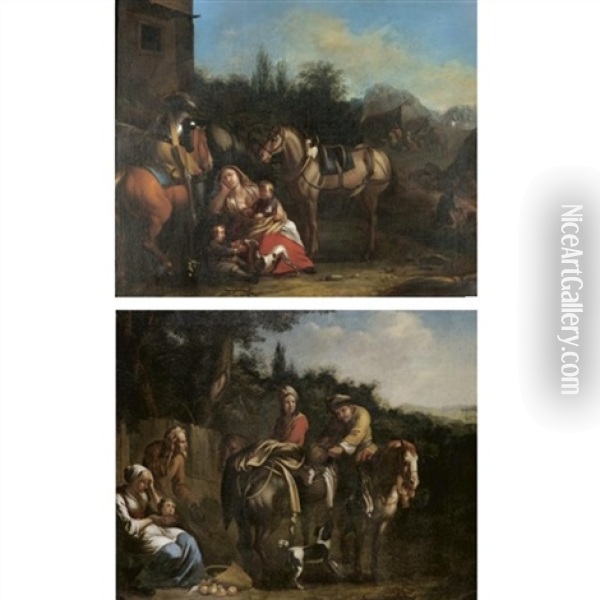A Cavalier On Horseback Outside A Camp, A Woman Resting With Her Two Children Nearby (+ Travellers On A Path Exchanging Wares; Pair) Oil Painting - Pieter van Bloemen