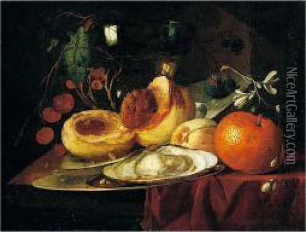 A Still Life Of Peaches, An 
Orange, Cherries, And An Oyster, Together With A Roemer, All Resting On A
 Table Partially Draped With A Red Cloth Oil Painting - Carl Wilhelm de Hamilton