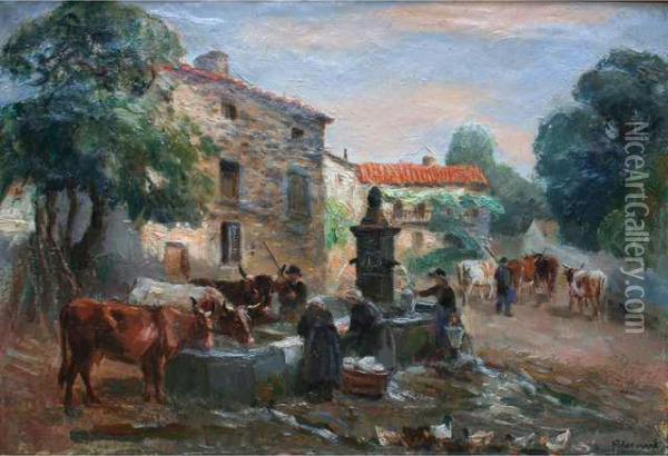 La Fontaine De Gressigny A Orcine Oil Painting - J. Lecourt
