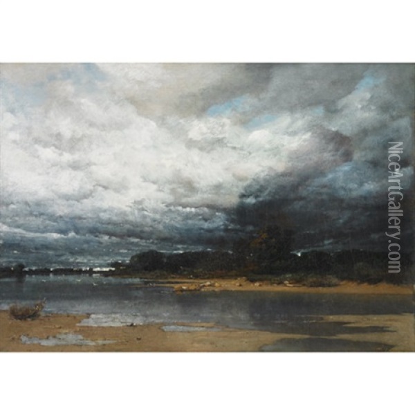 Approaching Storm On The Coast (possibly The Dnieper River) Oil Painting - Vladimir Donatovitch Orlovsky