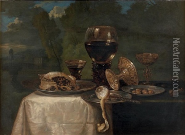 Nature Morte Au Verre Romer Et A La Tourte Oil Painting - Cornelis De Heem