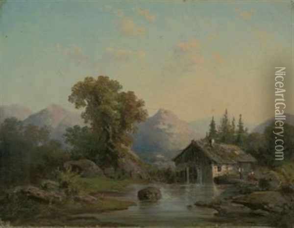 Eine Muhle Am Wasser In Alpiner Landschaft Oil Painting - Guido Hampe