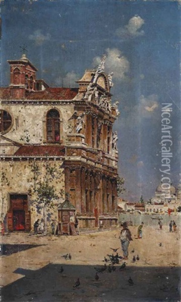 Feeding The Pigeons On Giudecca, Santa Maria Della Salute Beyond Oil Painting - Antonio Maria de Reyna Manescau