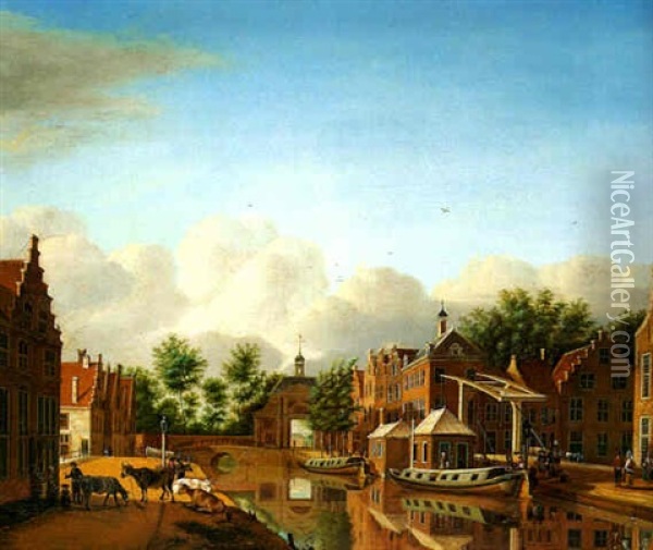 A View Of The Korte Mare, Leyden, From The South With Townsfolk Waiting For The Haarlem Ferry Near The Inn 'de Goude Molen', The Marepoort Beyond Oil Painting - Paulus Constantijn la (La Fargue) Fargue