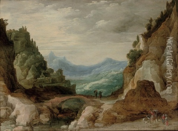 An Extensive Rocky Landscape With Travellers By A Bridge Oil Painting - Philips de Momper the Elder
