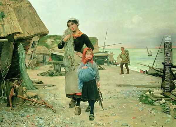Fisherfolk Returning with their Nets, Etretat 1882 Oil Painting - Henry Bacon