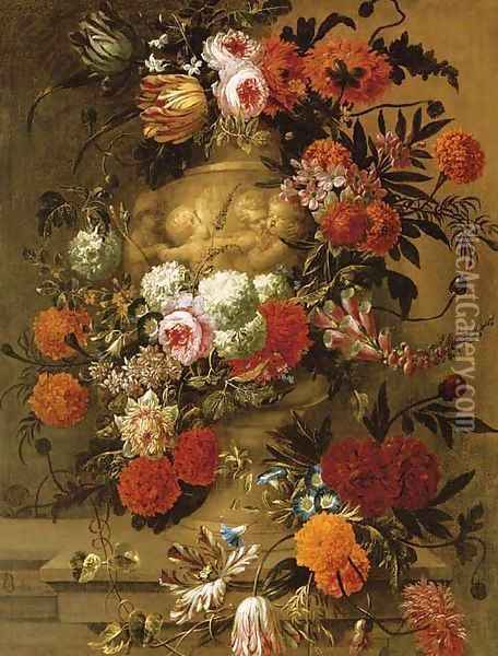 Flowers in a terracotta vase on a stone ledge Oil Painting - Jan-baptist Bosschaert