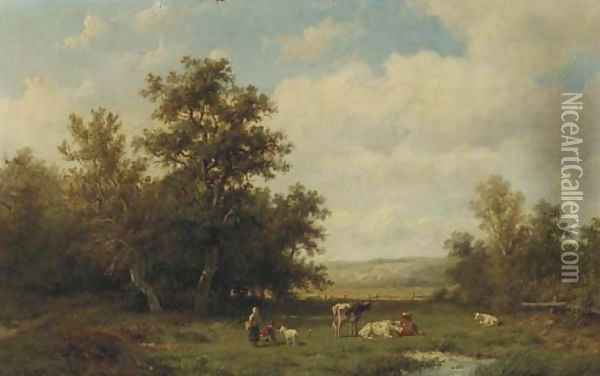 Figures and cattle in a sunlit meadow Oil Painting - Anthonie Jacobus van Wyngaerdt