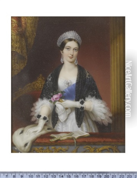 Queen Victoria (1819-1901), Queen Of Great Britain And Ireland (1837-1901), Standing In The Royal Box At The Drury Lane Theatre, Wearing White Dress Oil Painting - Sophie Lienard