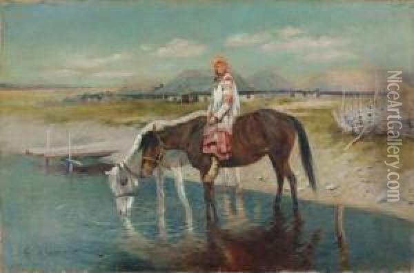 Jeune Fille Russe A Cheval Au Bord De L'eau Oil Painting - Sergei Semenovich Voroshilov