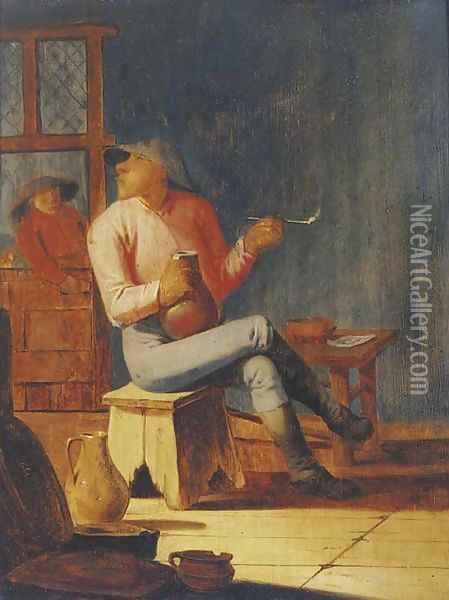A peasant smoking and drinking in an interior Oil Painting - Adriaen Brouwer