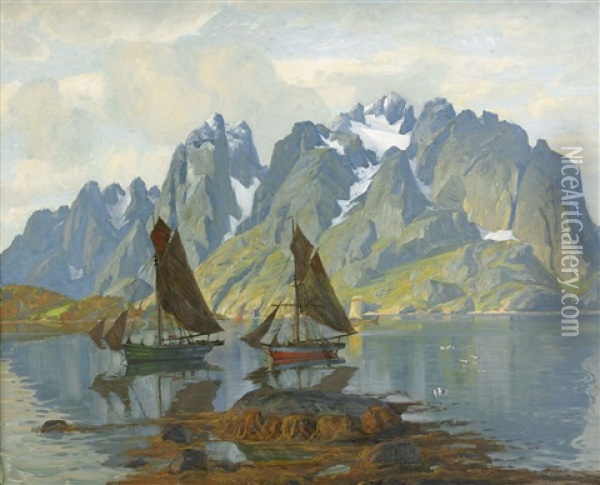 Norskt Fjordlandskap Oil Painting - Thorolf Holmboe