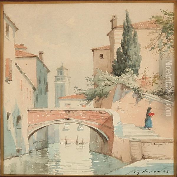 Canal Scene From Venice Oil Painting - August Fischer