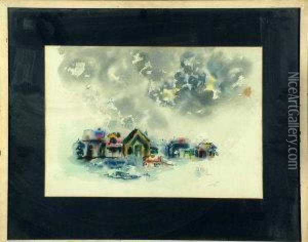 Houses And A Horsecart Oil Painting - James A. Mitchell