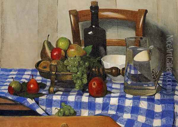 Still Life with Blue Checkered Tablecloth Oil Painting - Felix Edouard Vallotton