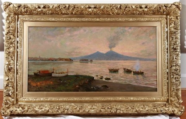 Fishing Boats In The Bay Of Naples With Mount Vesuvius Oil Painting - Carlo Brancaccio