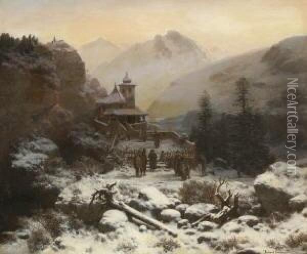Winterlicher Kirchgang. Oil Painting - Ramsay Richard Reinagle