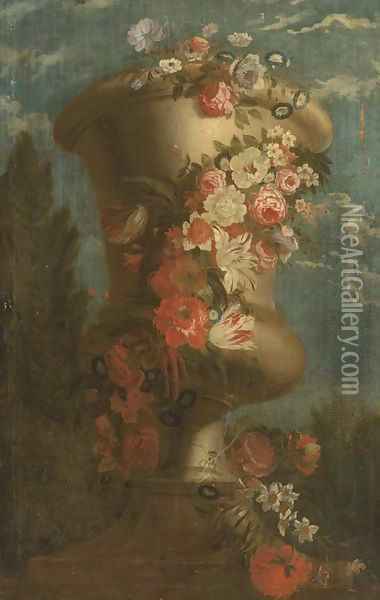 Roses, carnations, tulips, morning glory and other flowers in an urn Oil Painting - Jan-baptist Bosschaert
