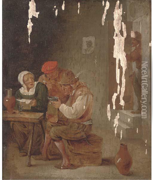 Boors Drinking And Smoking In A Tavern Oil Painting - David The Younger Teniers