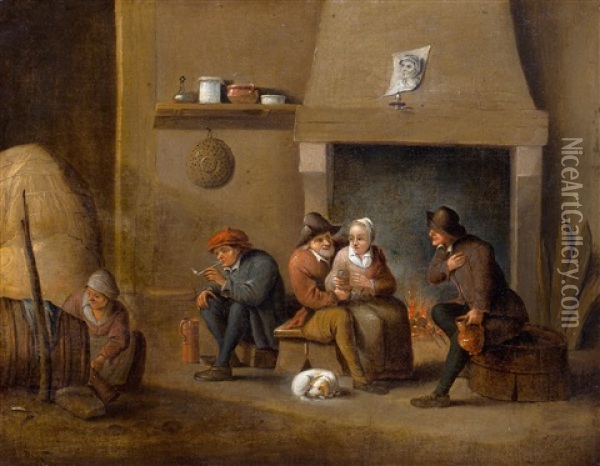 Boereninterieur Met Drinkende Figuren Bij Een Haardvuur Oil Painting - David Teniers the Elder