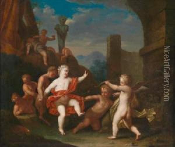 Bacchanal Mit Putten Und Satyrn In Einer Antiken Ruinenlandschaft Oil Painting - Matheus Terwesten