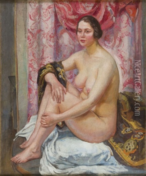 Nude With Pink Curtain Oil Painting - Ignacy Pienkowski