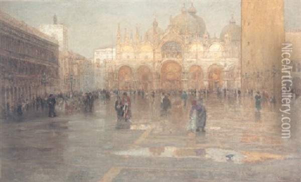 Piazza San Marco After The Rain, Venice Oil Painting - Pietro Fragiacomo