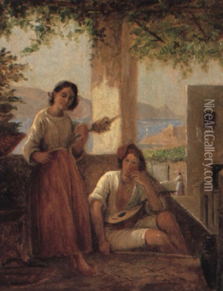 Italiensk Loggia Med Pige Og Mandolinspillende Mand Oil Painting - Wilhelm Nicolai Marstrand