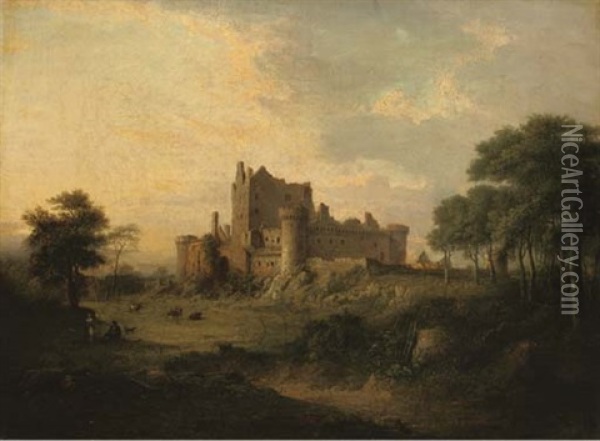 Castle Ruins In A Landscape With Figures And Cattle In The Foreground Oil Painting - Patrick Nasmyth