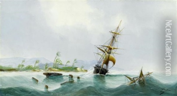 Schiff Im Sturm (+ Schiffe Auf Dem Genfersee; Pair) Oil Painting - Cheri Francois Marguerite Dubreuil