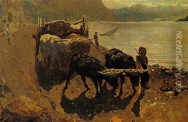 A Boy With An Ox-drawn Cart Along The River Rhine Oil Painting - Willem Maris
