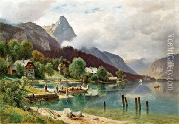 Weissenbach Near Attersee With View Of The Schoberstein Oil Painting - Ludwig Georg Eduard Halauska