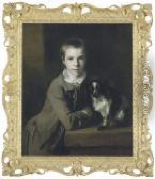 Portrait Of William Charles 
Colyear, Viscount Milsington, Later 3rdearl Of Portmore (1747-1823), 
When A Boy, Half-length, In A Greycoat, Leaning On A Table, With A 
Spaniel Oil Painting - Sir Joshua Reynolds