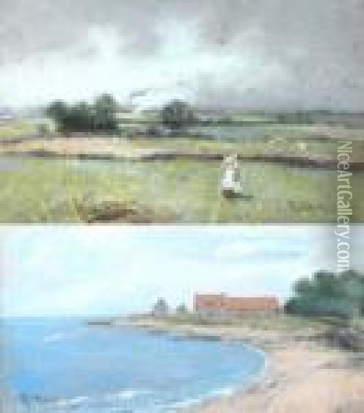 Scottish Bay Withbuildings And Woman In The Field Oil Painting - Robert Gemmell Hutchison