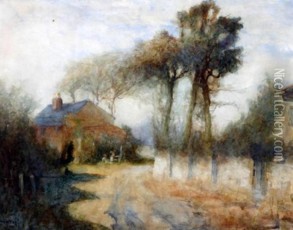 Characters By A Cottage On A Country Lane Oil Painting - Walter Emsley
