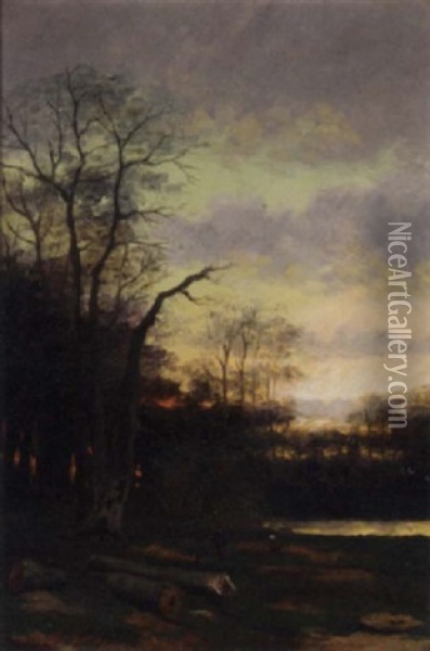 A Forest Landscape At Dusk Oil Painting - Julius Jacobus Van De Sande Bakhuyzen