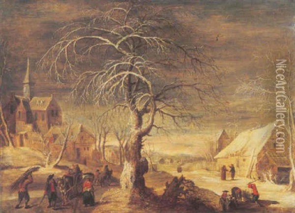 A Winter Landscape With Travellers And A Faggot Gatherer On A Track, A Village And Woodcutters Beyond Oil Painting - Frans de Momper
