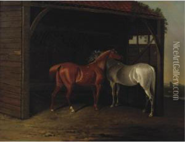 Two Hunters In A Barn Oil Painting - Edwin, Beccles Of Cooper