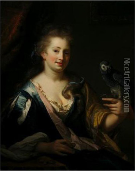 Portrait Of A Lady, Half-length 
Seated, Wearing A Dressing-gown And A Wig, Feeding A Parrot Oil Painting - Godfried Schalcken