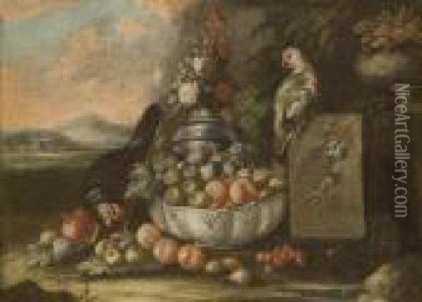 Coq, Perroquet Et Corbeille De Fruits Oil Painting - Andrea Belvedere
