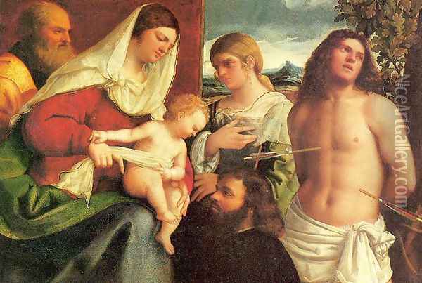 The Holy Family with Saints Catherine and Sebastian and a Donor Oil Painting - Sebastiano Del Piombo