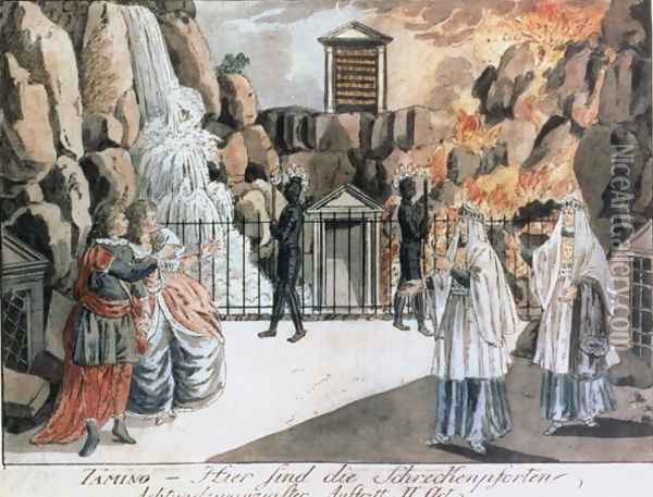 Tamino and Pamina before the temple, scene from 'The Magic Flute' by Wolfgang Amadeus Mozart (1756-91), illustration from Allgemeines Europaisches Journal, published 1795 Oil Painting - Joseph & Peter Schaffer