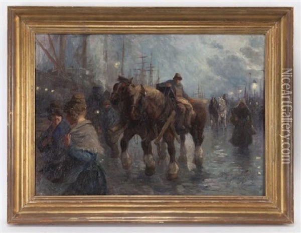 Draft Horses At The Docks Oil Painting - Julien t' Felt