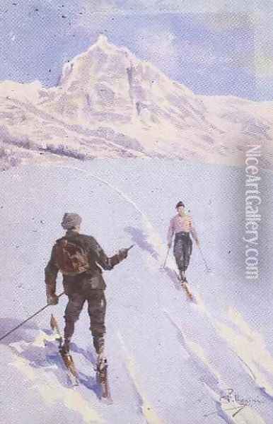 Skiers on Mt. Rose, Switzerland Oil Painting - Carlo Pellegrini