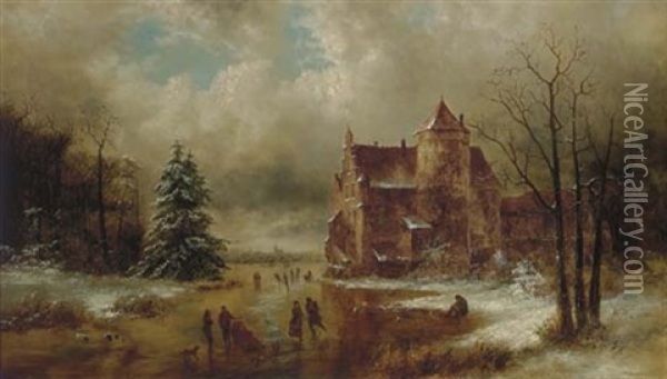 Skaters By A Castle Oil Painting - William Charles Anthony Frerichs
