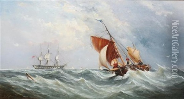 Sailboats In Squall Oil Painting - Ebenezer Colls