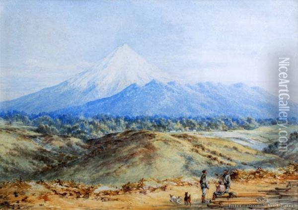 Mt Egmont With Military Officers Foreground Oil Painting - Charles Decimus Barraud