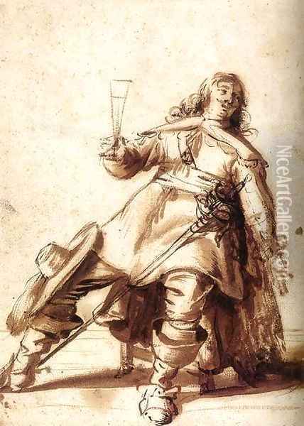Seated Cavalier with a Sword and a Raised Glass Oil Painting - Anthonie Palamedesz